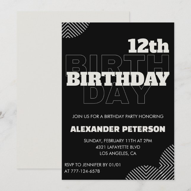 Black 12th birthday invitations Party Boy (Front/Back)