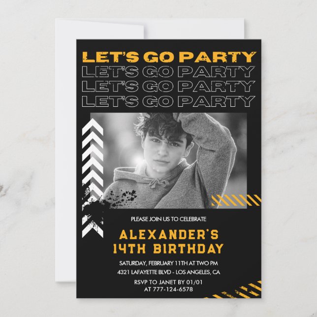 Black 14th birthday invitations Boy Photo Spray (Front)