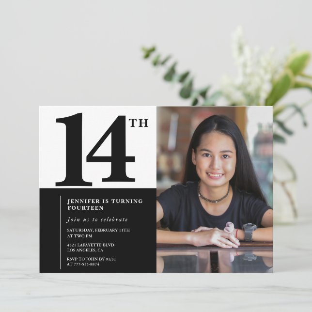 Black 14th birthday invitations Elegant Chic (Standing Front)