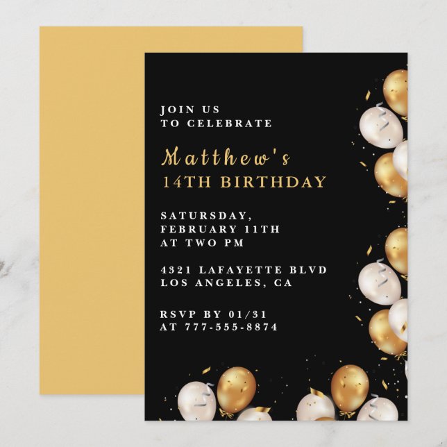 Black 14th birthday invitations Gold Balloon Boy (Front/Back)