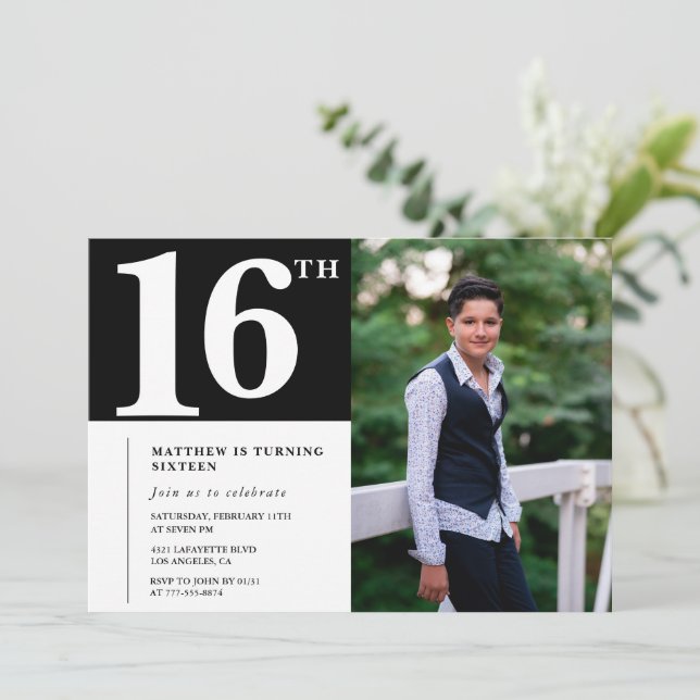 Black 16th birthday invitations Modern Chic Photo (Standing Front)