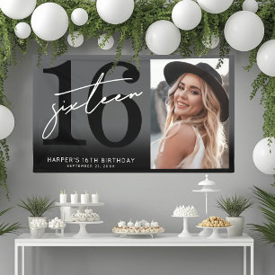 Black 16th Birthday Party Banner
