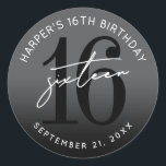 Black 16th Birthday Party Classic Round Sticker<br><div class="desc">Modern Black and White 16th Birthday Hershey’s Kiss Sticker. Celebrate sixteen in style with this bold and contemporary round sticker designed to fit perfectly on the bottom of a Hershey’s Kiss. The design features a large black “16” with the word “Sixteen” layered over it in clean white script for a...</div>