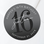 Black 16th Birthday Party Classic Round Sticker<br><div class="desc">Modern Black and White 16th Birthday Hershey’s Kiss Sticker. Celebrate sixteen in style with this bold and contemporary round sticker designed to fit perfectly on the bottom of a Hershey’s Kiss. The design features a large black “16” with the word “Sixteen” layered over it in clean white script for a...</div>