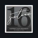 Black 16th Birthday Party Napkin<br><div class="desc">Modern Black and White 16th Birthday Cocktail Napkin. Celebrate sixteen years in style with this bold and modern napkin design featuring a large black “16” that takes up most of the space, with a handwritten script-style white “Sixteen” layered over it for a sleek, contemporary look. At the bottom, there’s room...</div>