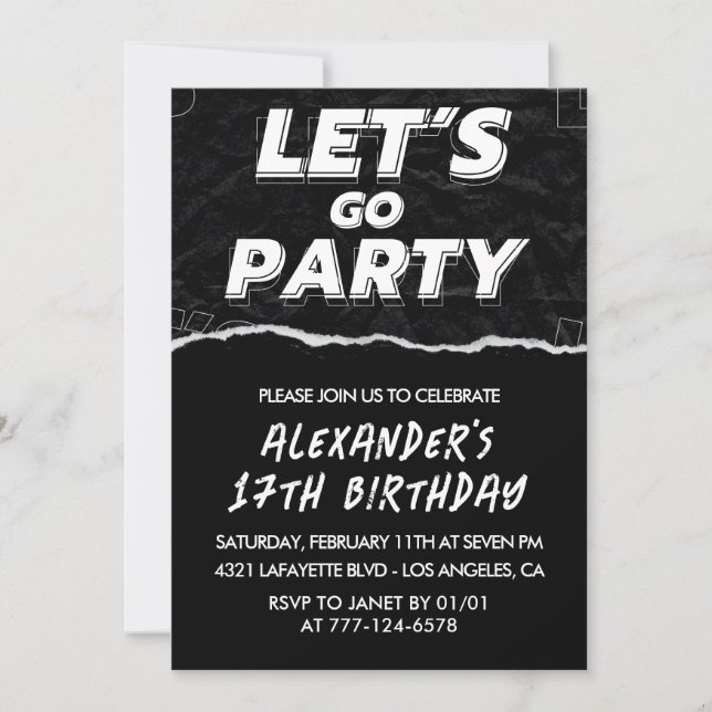Black 17th birthday invitations Men White (Front)