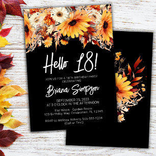 Black 18th Birthday Fall Floral Invitation