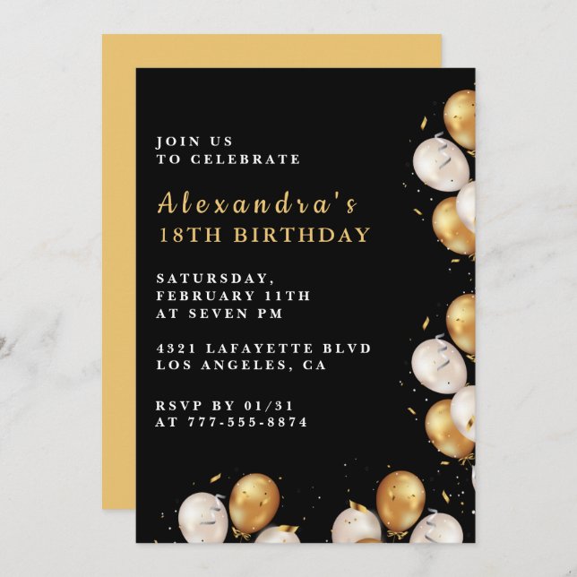 Black 18th birthday invitations Gold Balloon  (Front/Back)