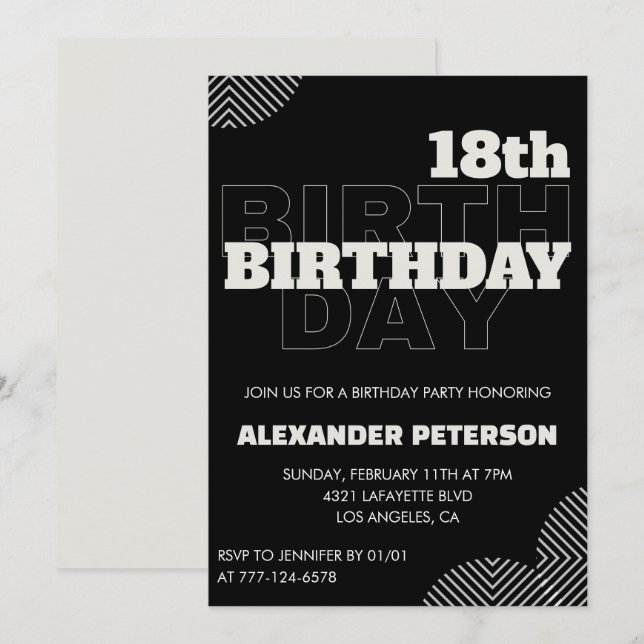 Black 18th birthday invitations Men Party (Front/Back)