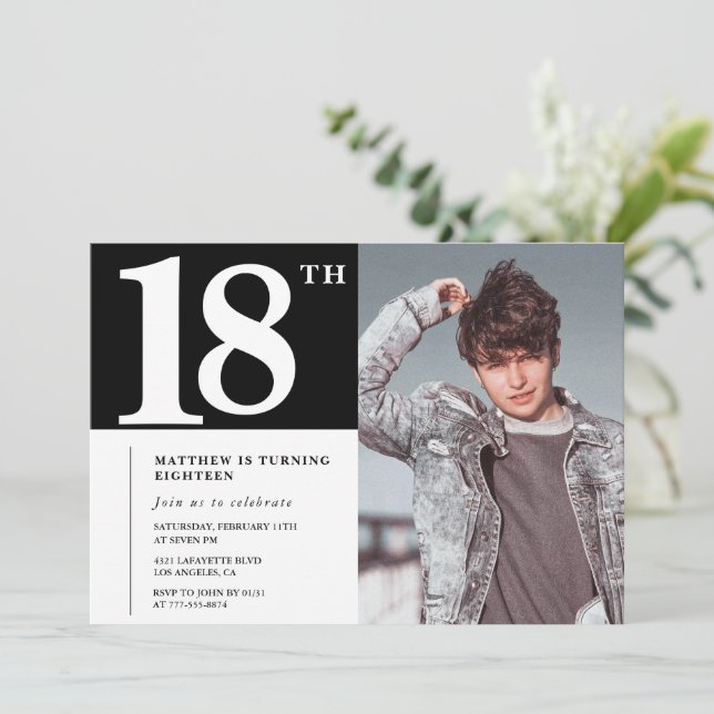 Black 18th birthday invitations Modern Chic Photo (Standing Front)