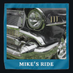 Black 1957 Chevy Car, Name/Message, Your Photo/Art Bandana<br><div class="desc">Black 1957 Chevy Vintage Car with chrome engine (or your photo/art) and white name or message on blue.</div>