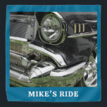 Black 1957 Chevy Car, Name/Message, Your Photo/Art Bandana<br><div class="desc">Black 1957 Chevy Vintage Car with chrome engine (or your photo/art) and white name or message on blue.</div>