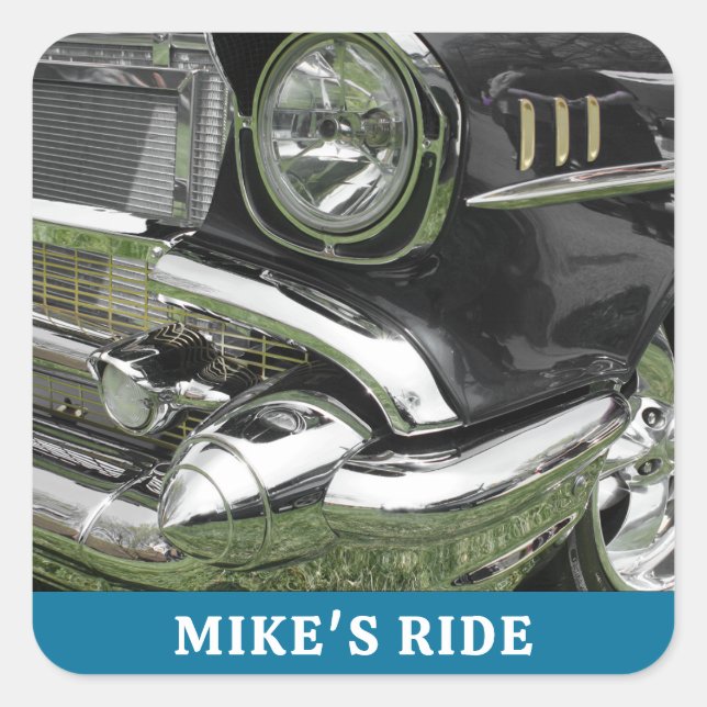 Black 1957 Chevy Car, Name/Message, Your Photo/Art Square Sticker (Front)