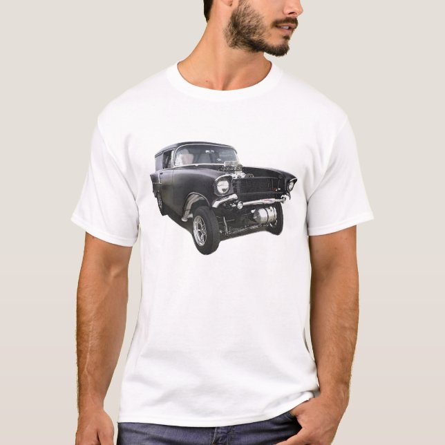 Black 1957 Chevy sedan delivery wagon gasser drag T-Shirt (Front)