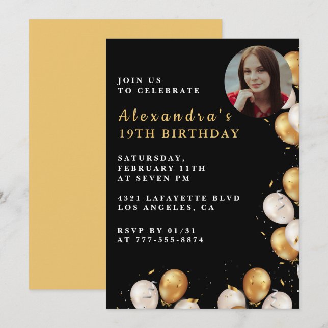 Black 19th birthday invitation Gold Balloon Photo  (Front/Back)