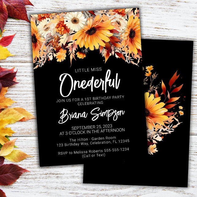 Black 1st Birthday Fall Floral Invitation (Creator Uploaded)