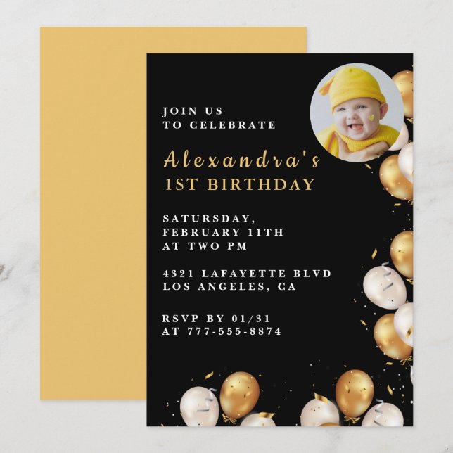 Black 1st birthday invitation Gold Balloon Photo  (Front/Back)