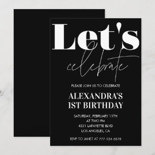Black 1st birthday invitations Bold Typography 