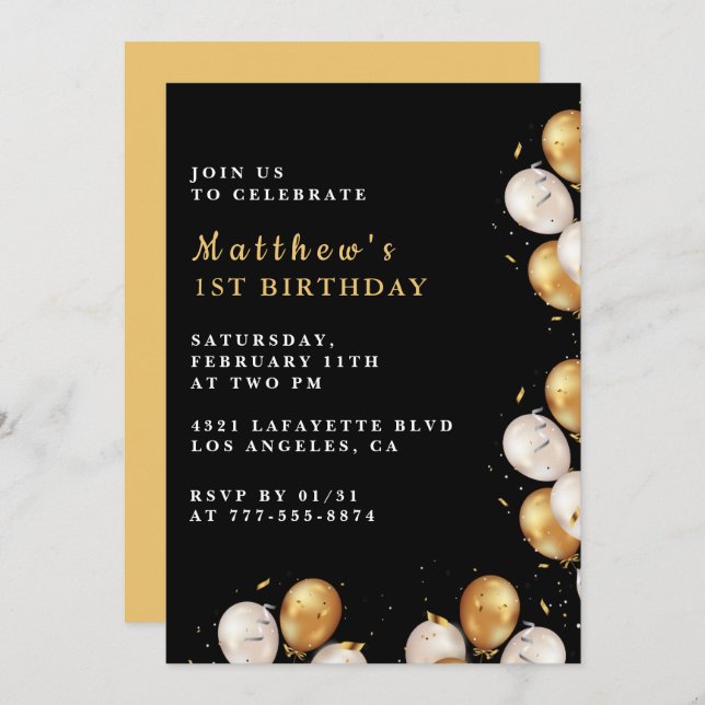 Black 1st birthday invitations Gold Balloon Boy (Front/Back)