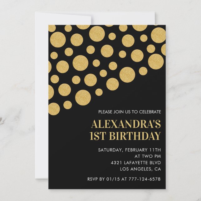 Black 1st birthday invitations Gold Confetti (Front)