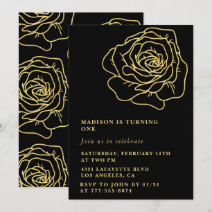 Black 1st birthday invitations Gold Floral