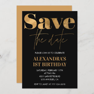 Black 1st birthday invitations Save the date Gold