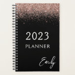 Black 2023 Girly Rose Gold Blush Pink Glitter Planner<br><div class="desc">2023 Black and Rose Gold - Blush Pink Sparkle Glitter Monogram Name and Initial Spiral Notebook. This makes the perfect sweet 16 birthday,  wedding,  bridal shower,  anniversary,  baby shower or bachelorette party gift for someone that loves glam luxury and chic styles.</div>