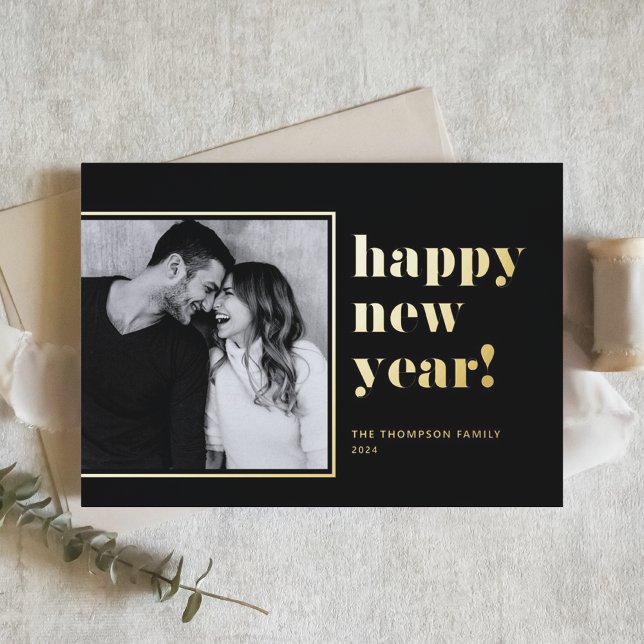 Black 2025 Bold Typography New Year Photo Foil Holiday Card (Creator Uploaded)