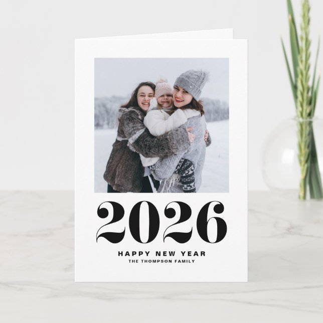 Black 2025 Bold Typography New Year Photo Holiday Card (Front)