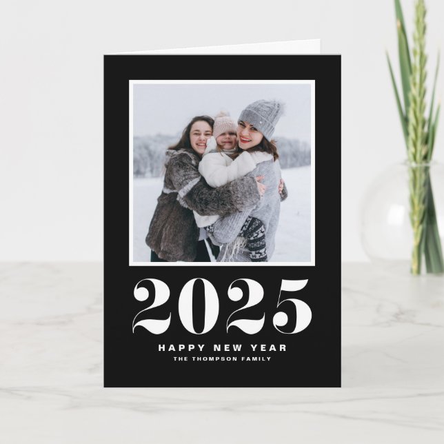 Black 2025 Bold Typography New Year Photo Holiday Card (Front)