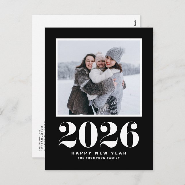 Black 2025 Bold Typography New Year Photo Holiday Postcard (Front/Back)