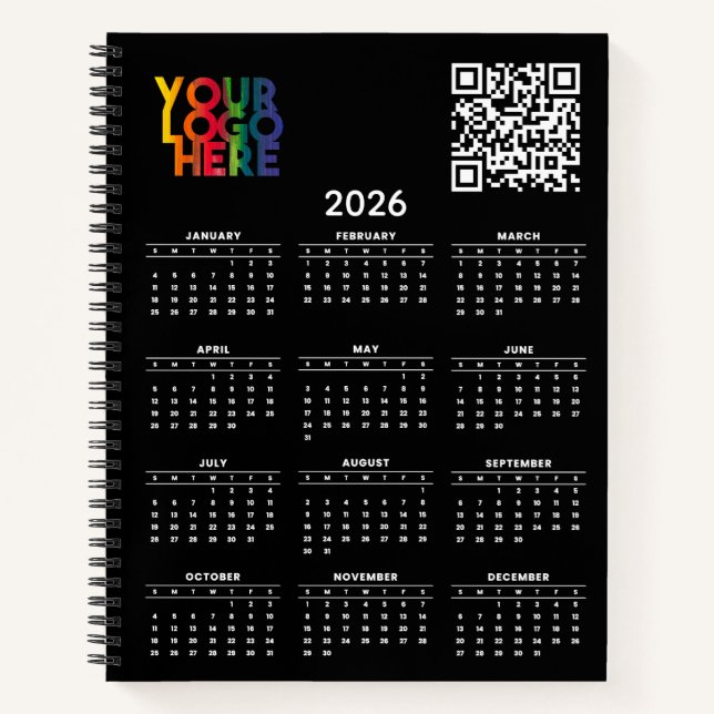 Black 2026 Calendar Business Logo QR Code Notebook (Front)