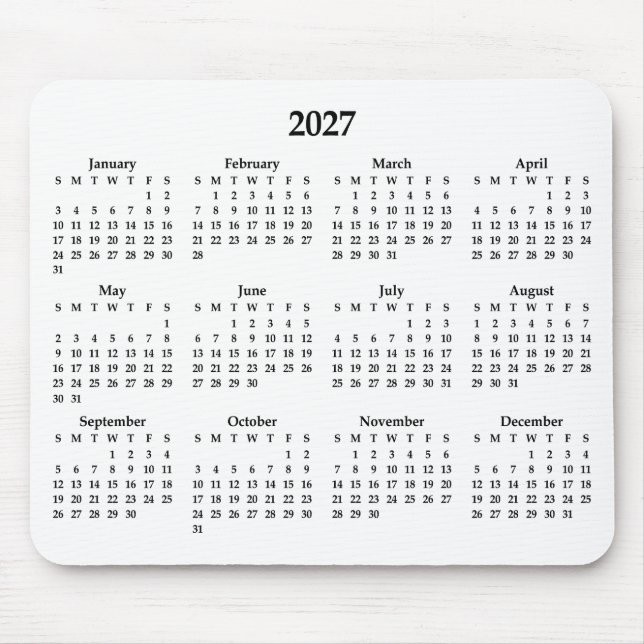 Black 2027 Calendar on White Mouse Mat (Front)