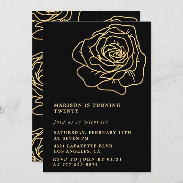 Black 20th birthday invitations Gold Floral (Front/Back)