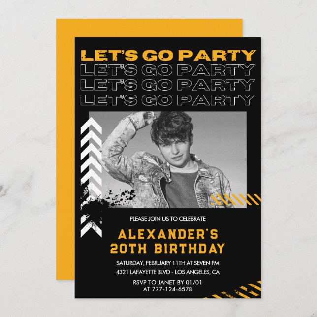 Black 20th birthday invitations Men Photo Spray (Front/Back)
