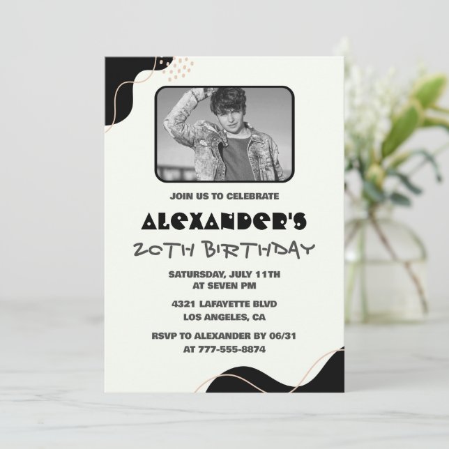 Black 20th birthday invitations Men Simple Photo (Standing Front)