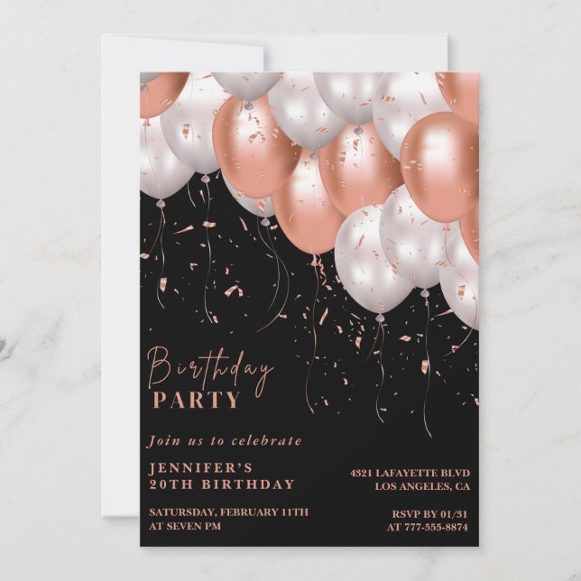 Black 20th birthday invitations Rose gold Pink  (Front)