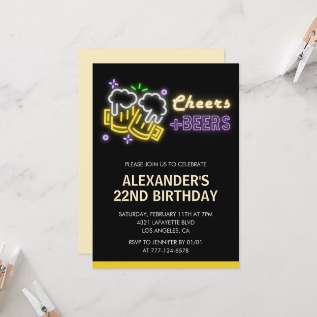 Black 22nd birthday invitation Cheers Beer  (Front/Back In Situ)