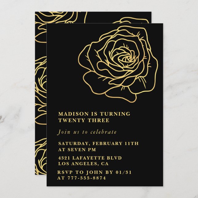 Black 23rd birthday invitations Gold Floral (Front/Back)