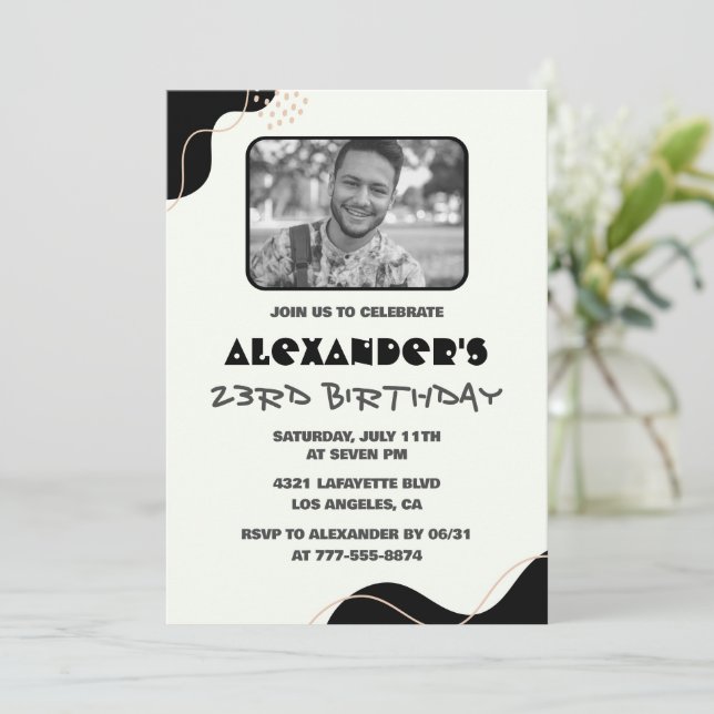 Black 23rd birthday invitations Men Simple Photo (Standing Front)