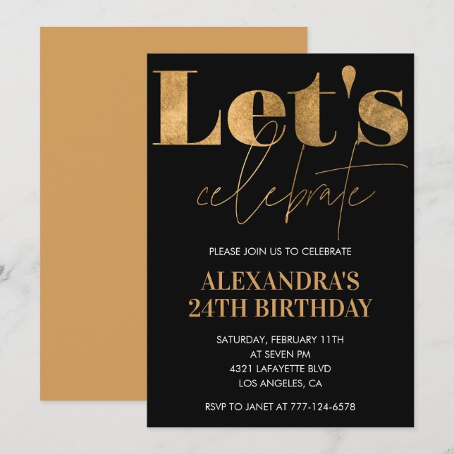 Black 24th birthday invitations Gold Elegant (Front/Back)