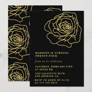 Black 24th birthday invitations Gold Floral