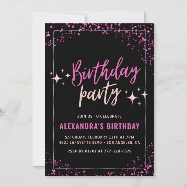 Black 24th birthday invitations Pink Glitter party (Front)