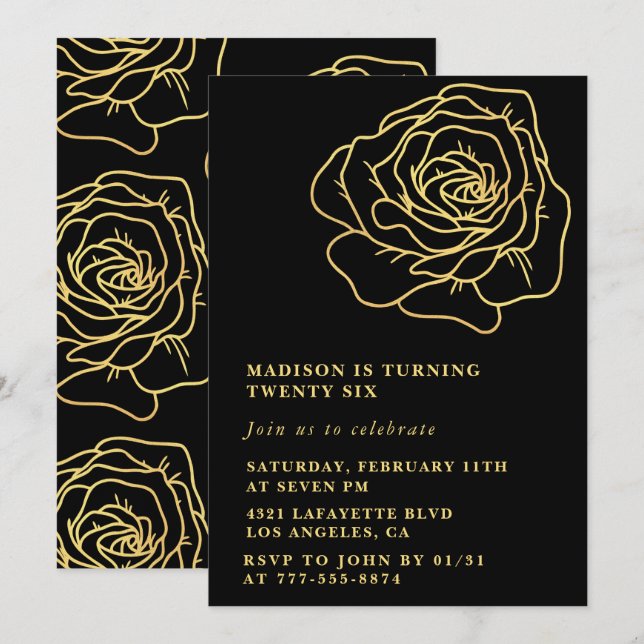 Black 26th birthday invitations Gold Floral (Front/Back)