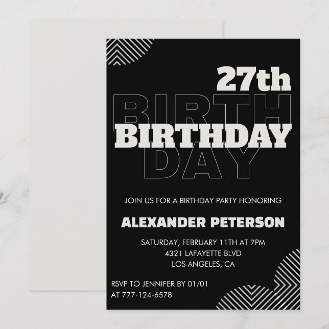 Black 27th birthday invitations Men Party (Front/Back)