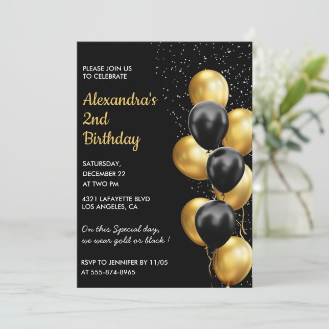 Black 2nd birthday invitations Gold Glitter Glam  (Standing Front)