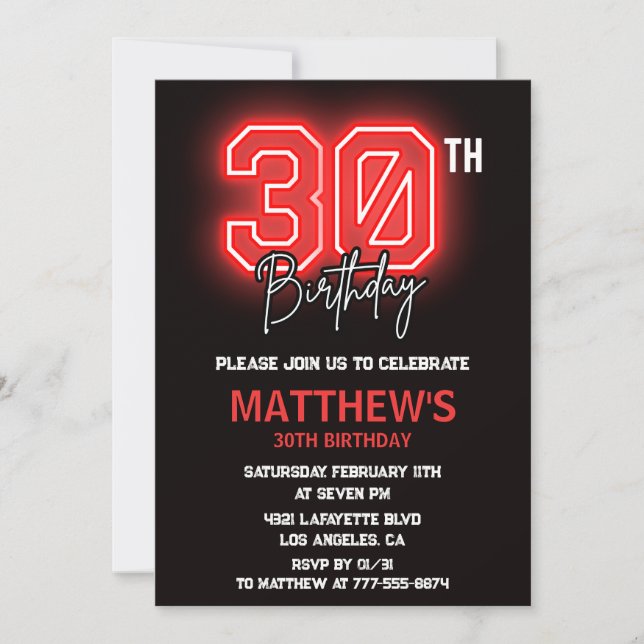 Black 30th birthday invitations Men Neon (Front)