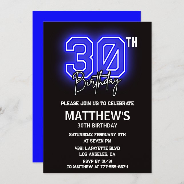 Black 30th birthday invitations Men Sport Neon (Front/Back)