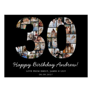 Black 30th Birthday Photo Collage Large Poster