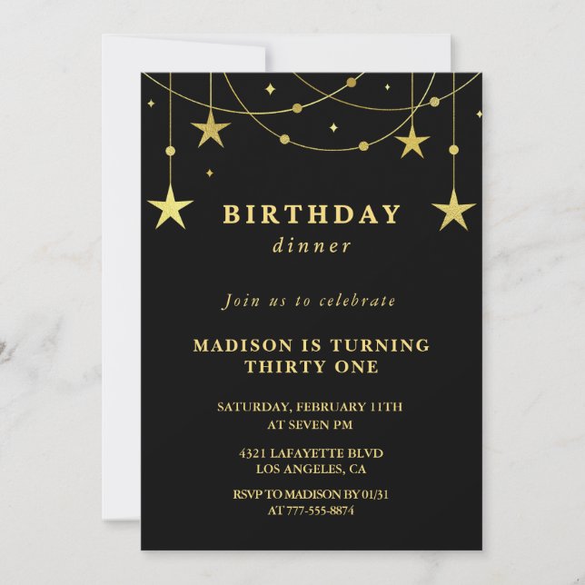 Black 31st birthday invitations Gold Stars (Front)